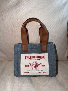 True Religion Denim Mini Tote with Brown Handles and Red Logo Patch